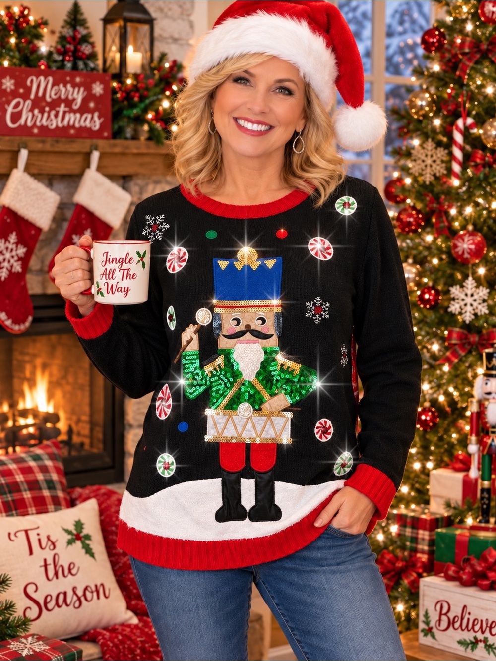 Ugly Christmas Sweater Holiday Time Nutcracker Red Rhinestones Women’s Sz M
